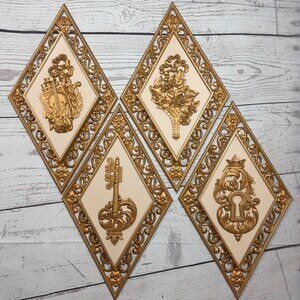 Gold Wall Plaques Violin Key Lock Basket Diamond Shaped Dart Industries Vintage